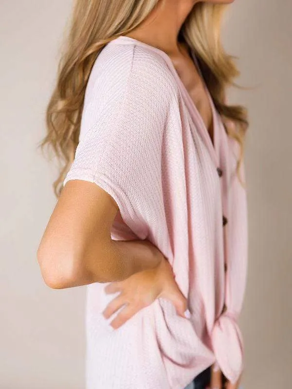 Pink Design Button Up Waffle Knit Tunic Blouses