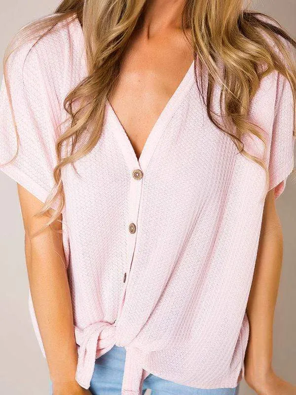 Pink Design Button Up Waffle Knit Tunic Blouses