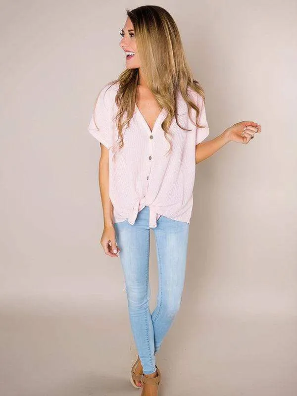 Pink Design Button Up Waffle Knit Tunic Blouses