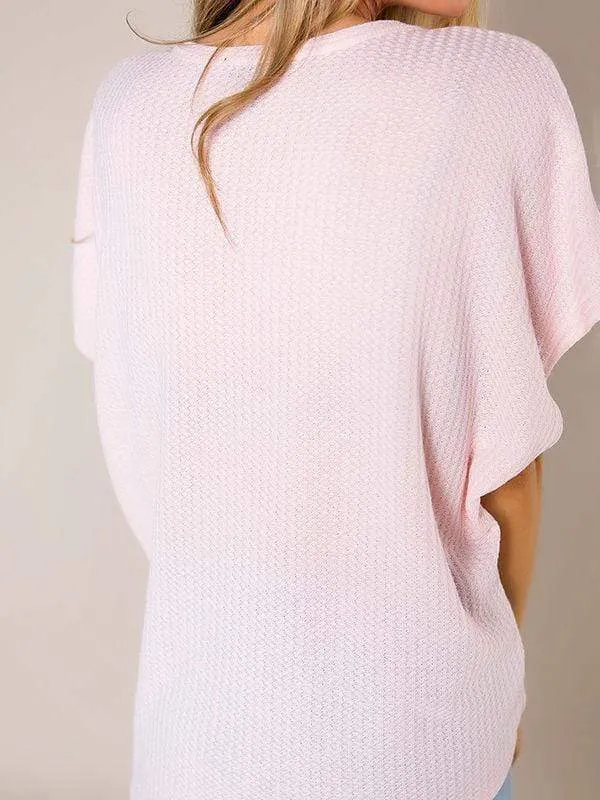 Pink Design Button Up Waffle Knit Tunic Blouses