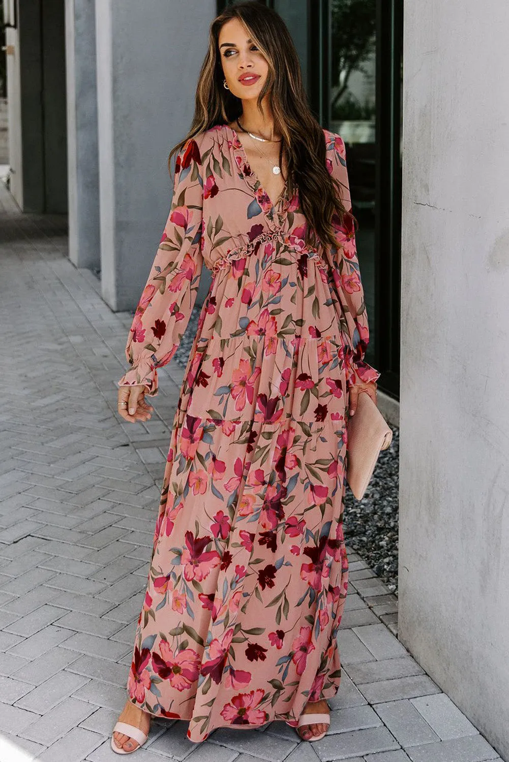 Pink Floral Ruffled Maxi Dress