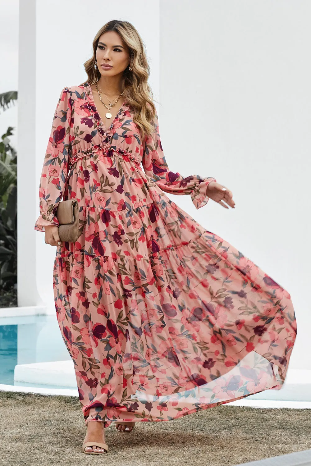 Pink Floral Ruffled Maxi Dress