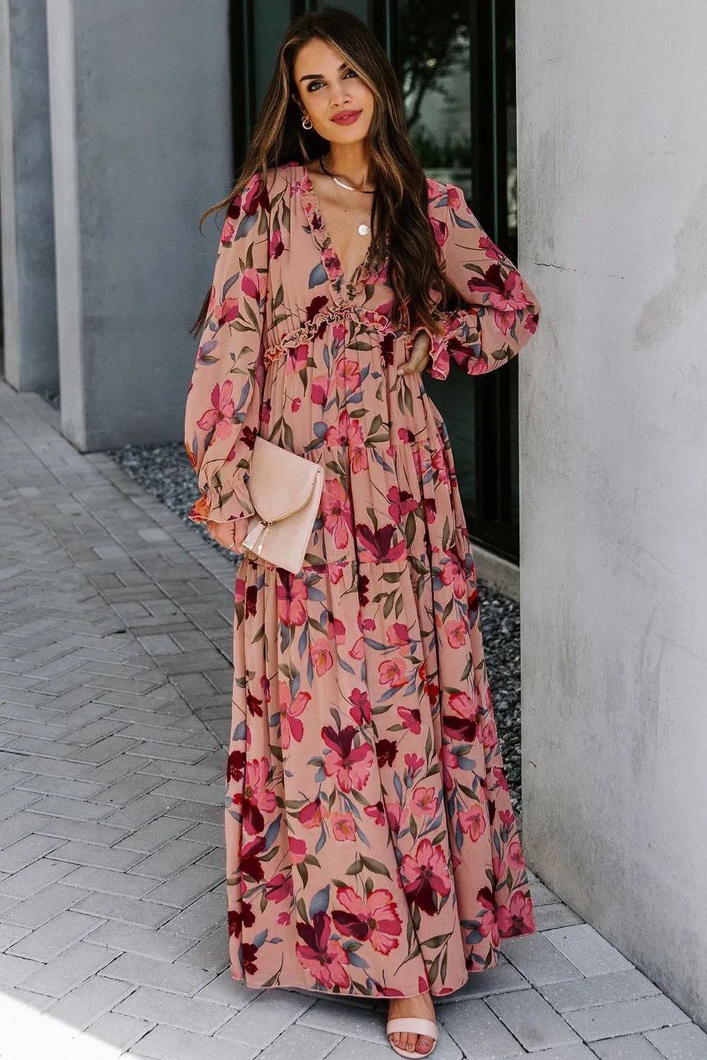 Pink Floral Ruffled Maxi Dress