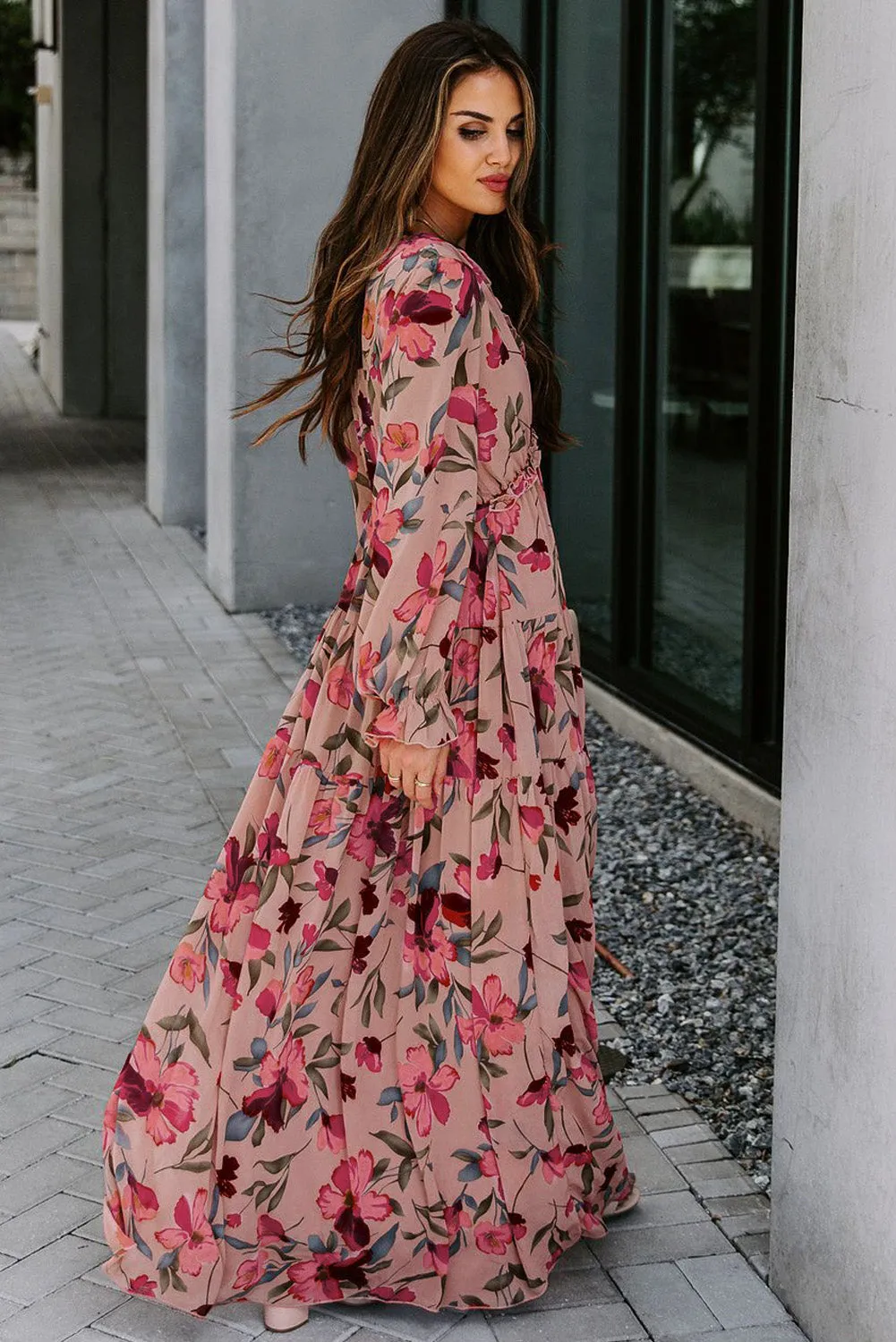 Pink Floral Ruffled Maxi Dress