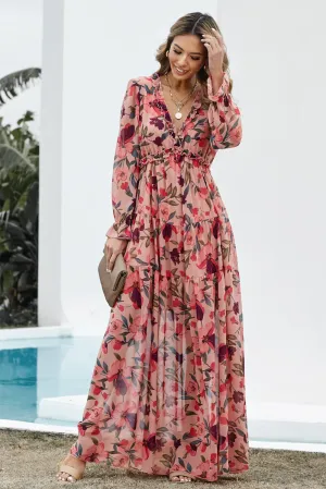 Pink Floral Ruffled Maxi Dress