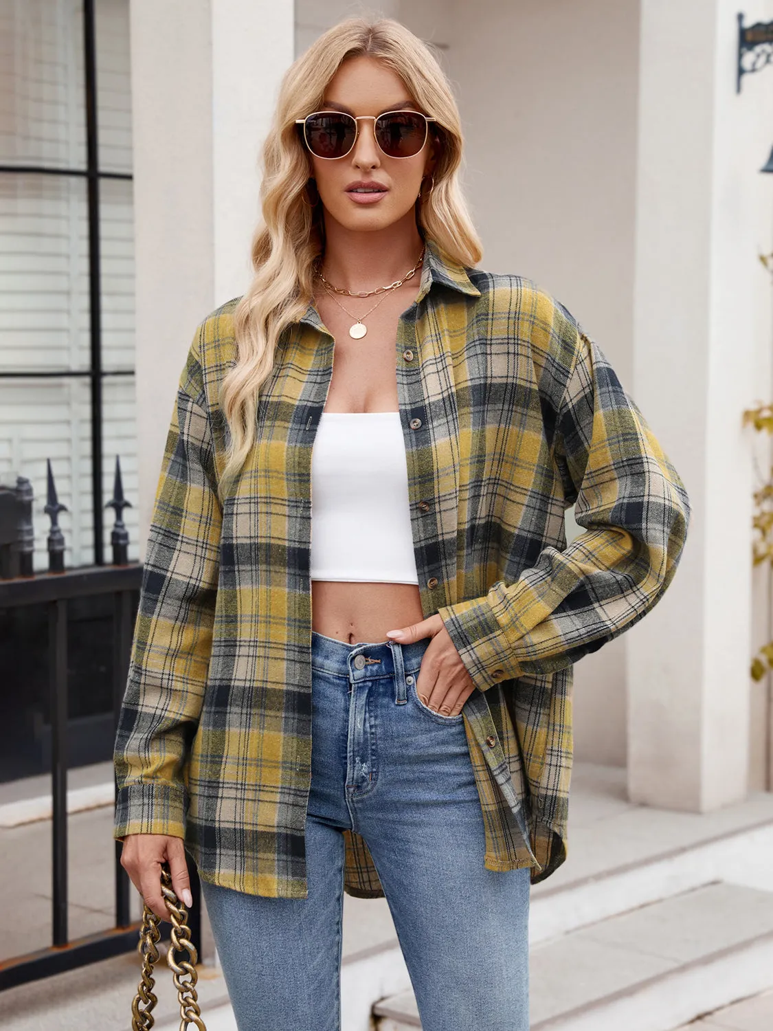 Pocketed Plaid Collared Neck Long Sleeve Shirt- 6 Styles