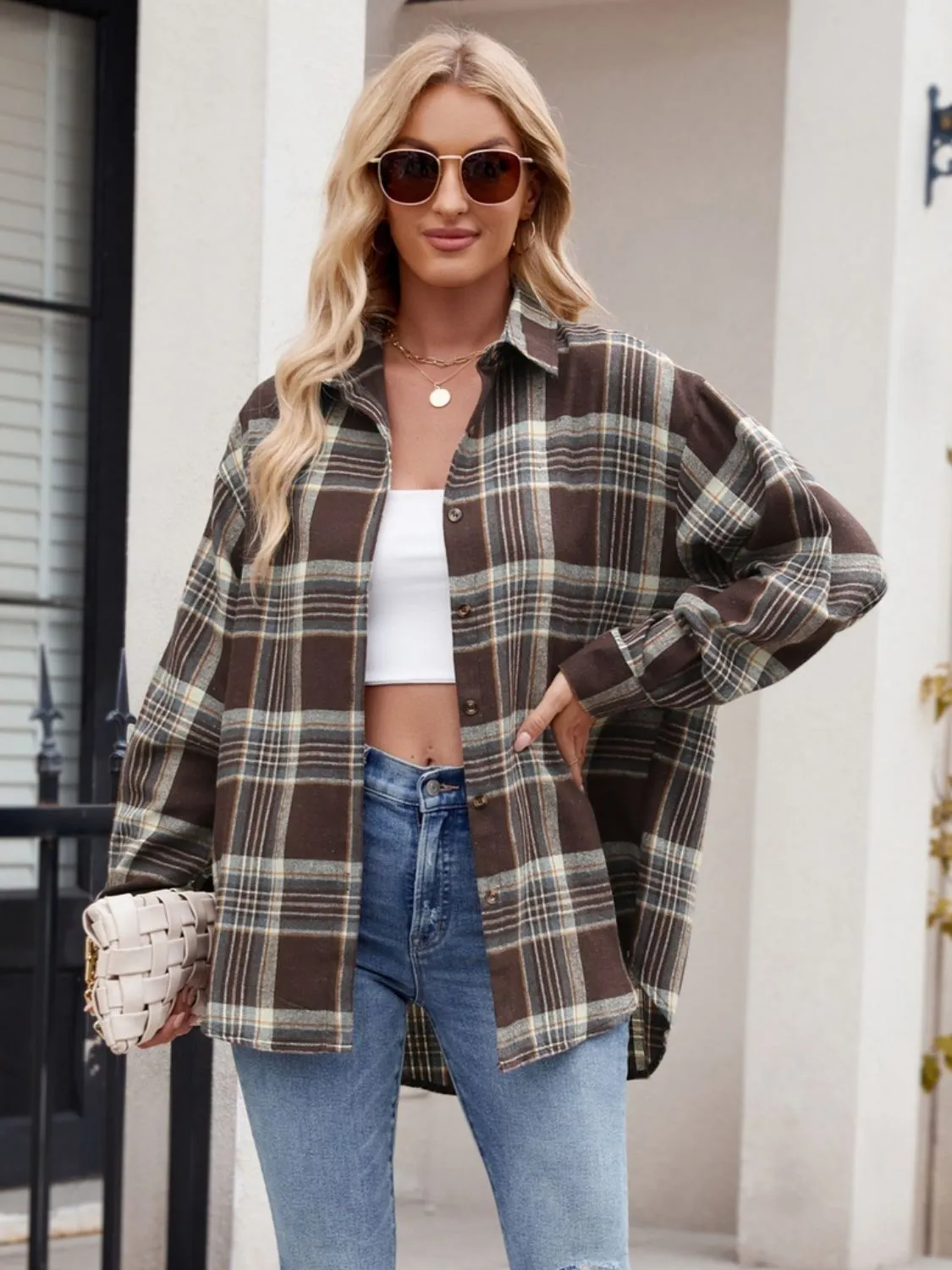 Pocketed Plaid Collared Neck Long Sleeve Shirt- 6 Styles
