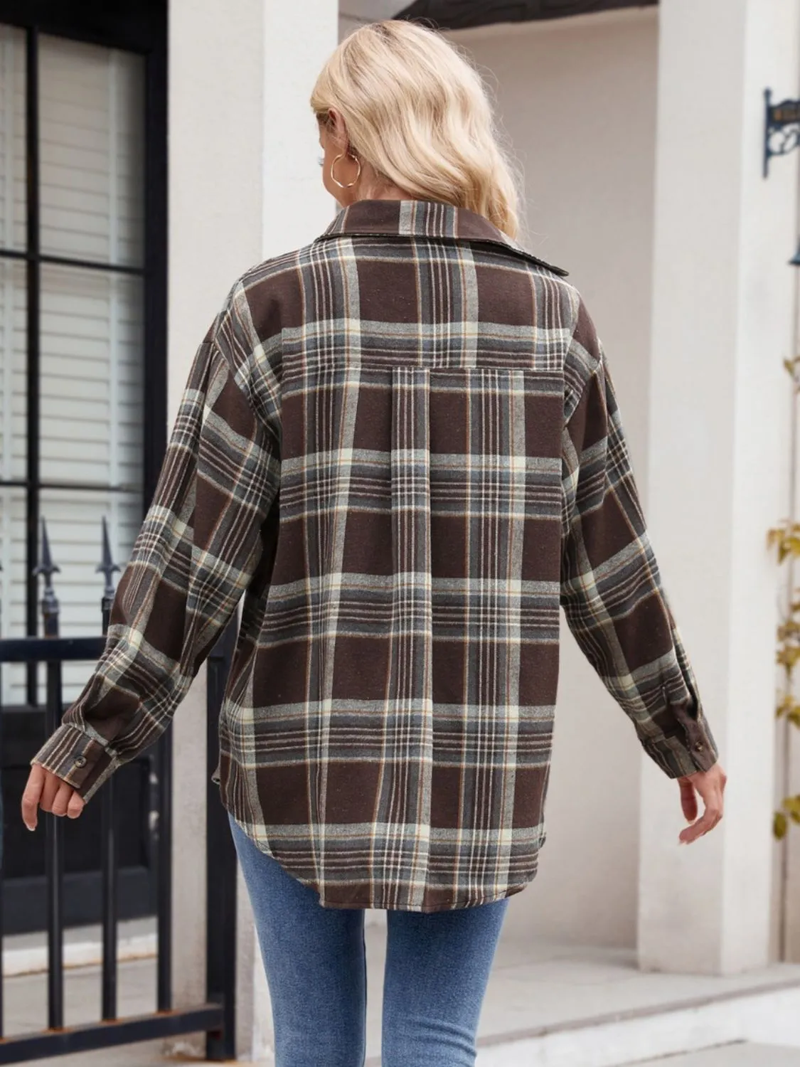 Pocketed Plaid Collared Neck Long Sleeve Shirt- 6 Styles