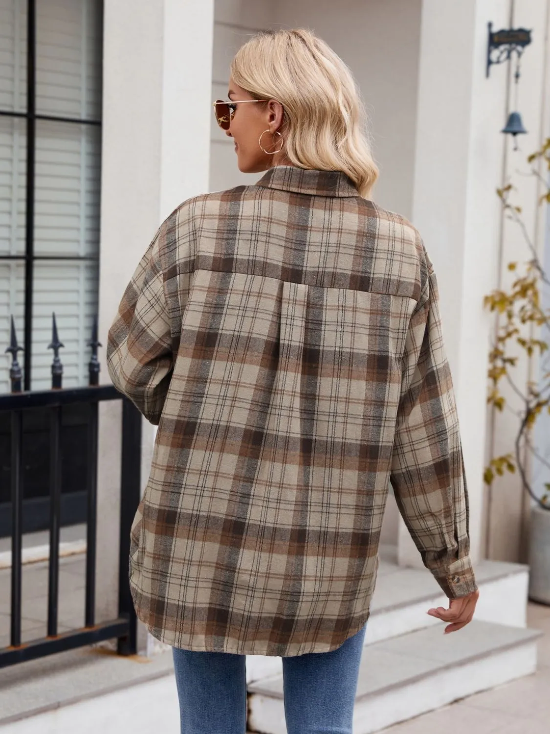 Pocketed Plaid Collared Neck Long Sleeve Shirt- 6 Styles