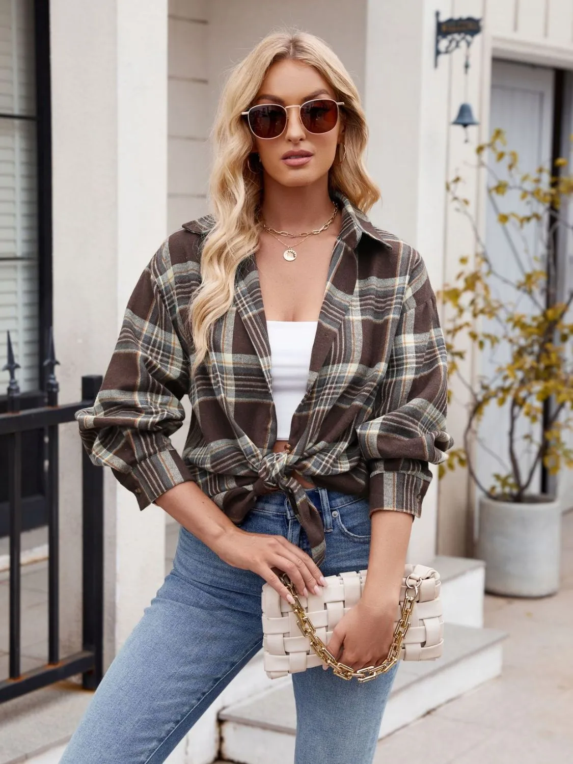 Pocketed Plaid Collared Neck Long Sleeve Shirt- 6 Styles