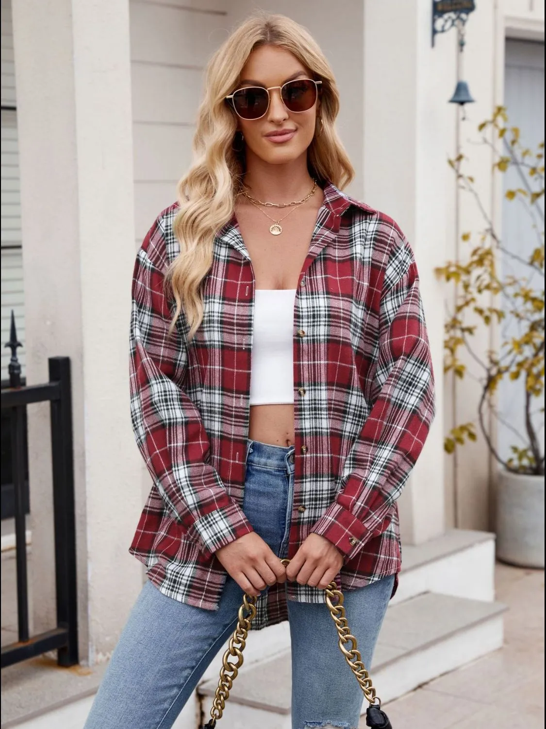 Pocketed Plaid Collared Neck Long Sleeve Shirt- 6 Styles