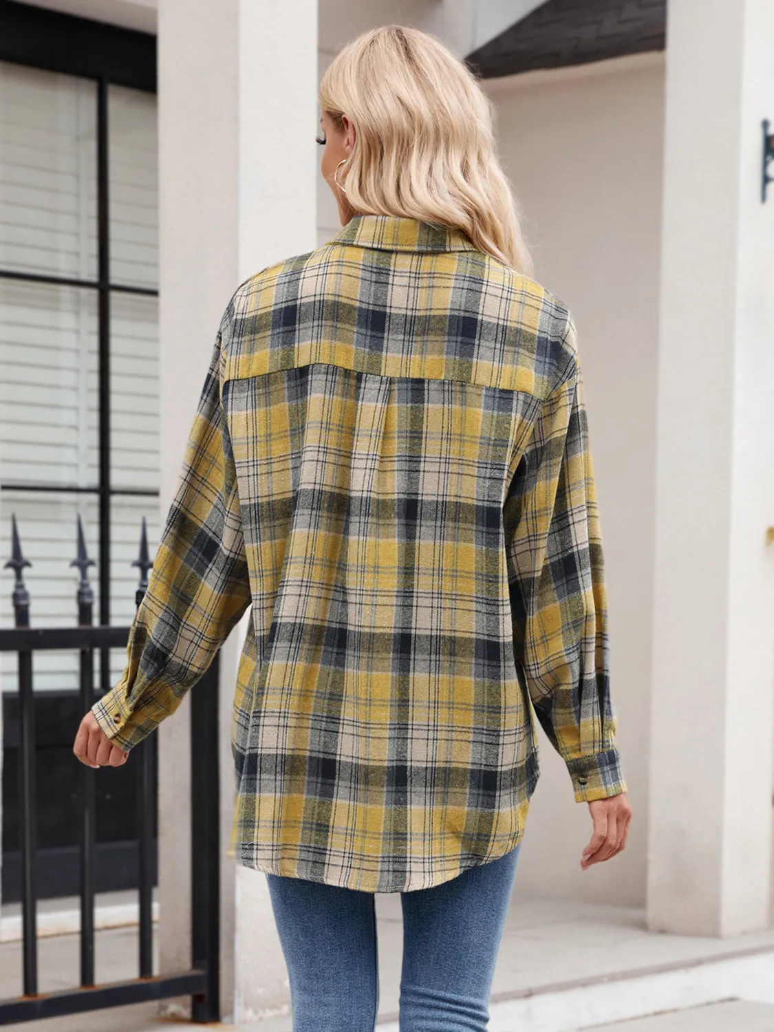 Pocketed Plaid Collared Neck Long Sleeve Shirt- 6 Styles