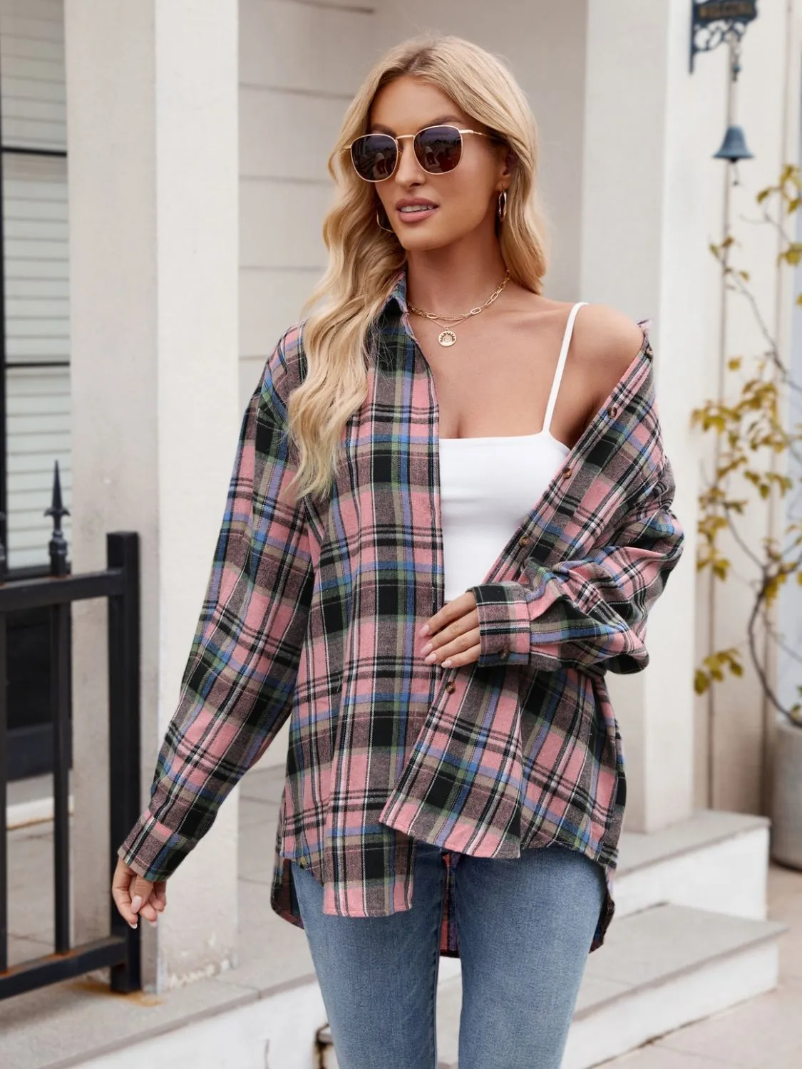 Pocketed Plaid Collared Neck Long Sleeve Shirt- 6 Styles