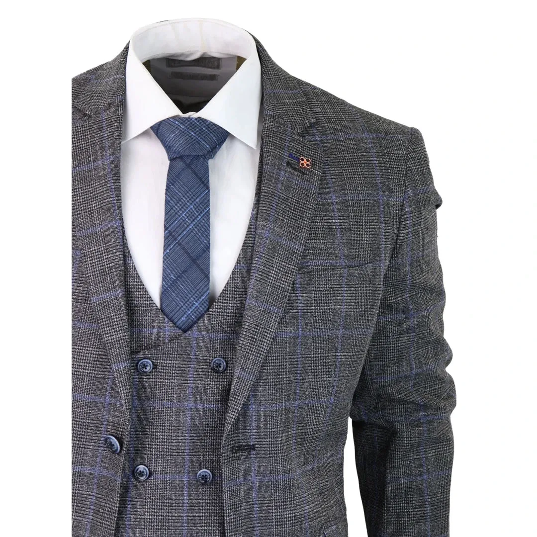 Power - Men's 3 Piece Suit Check Grey Blue Double Breasted Wedding
