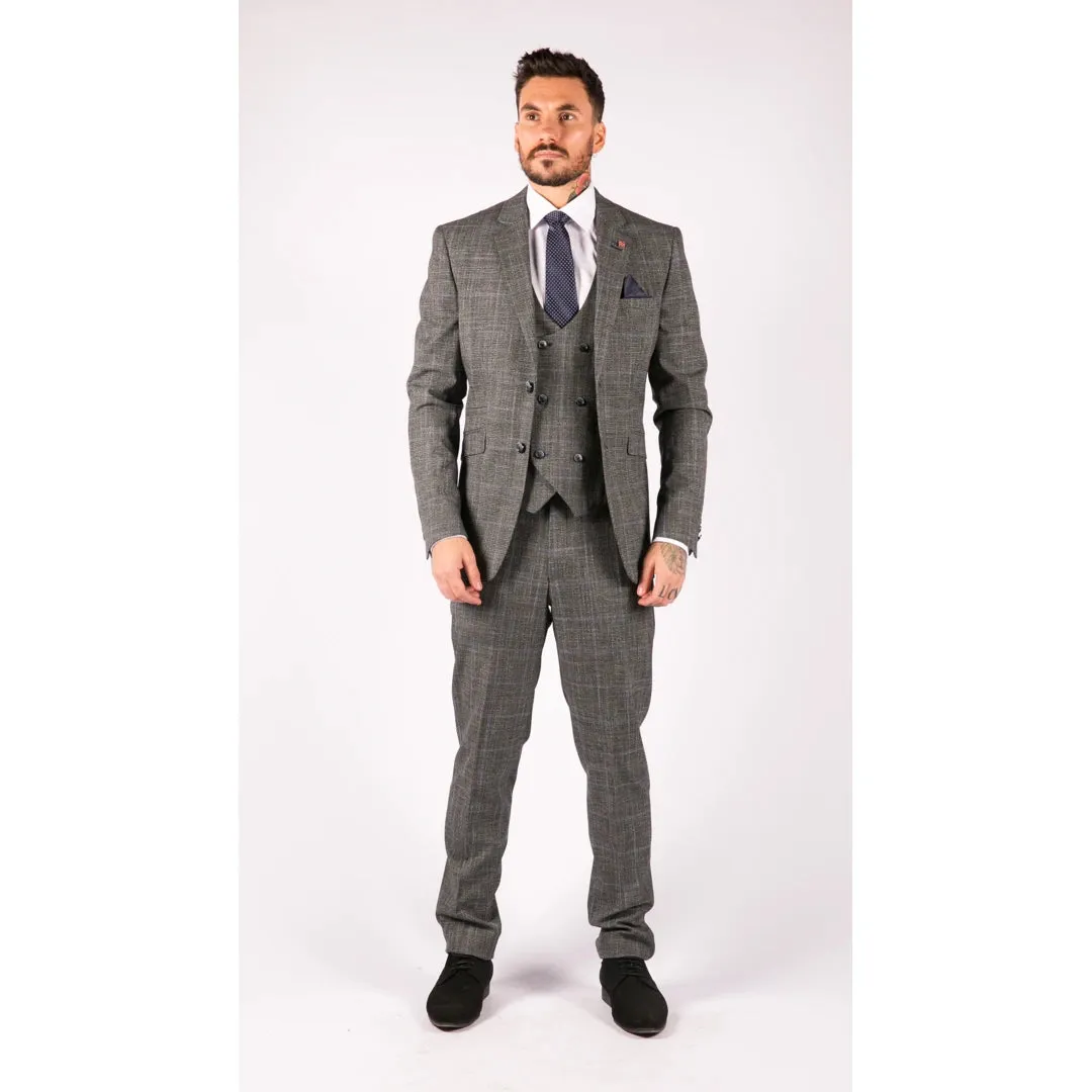 Power - Men's 3 Piece Suit Check Grey Blue Double Breasted Wedding
