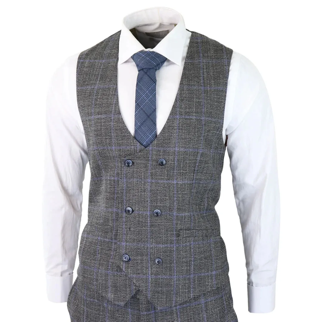 Power - Men's 3 Piece Suit Check Grey Blue Double Breasted Wedding