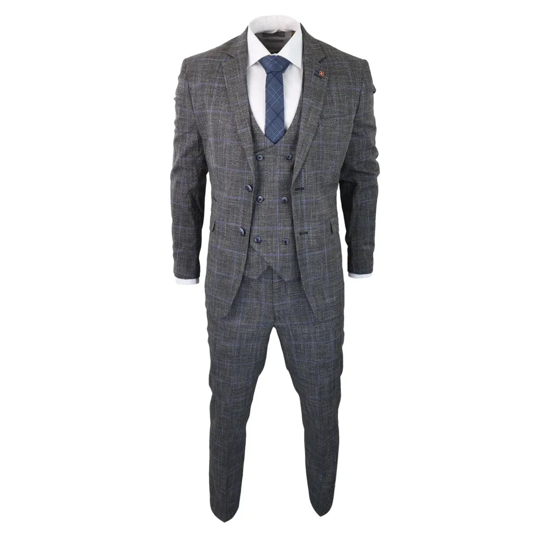 Power - Men's 3 Piece Suit Check Grey Blue Double Breasted Wedding