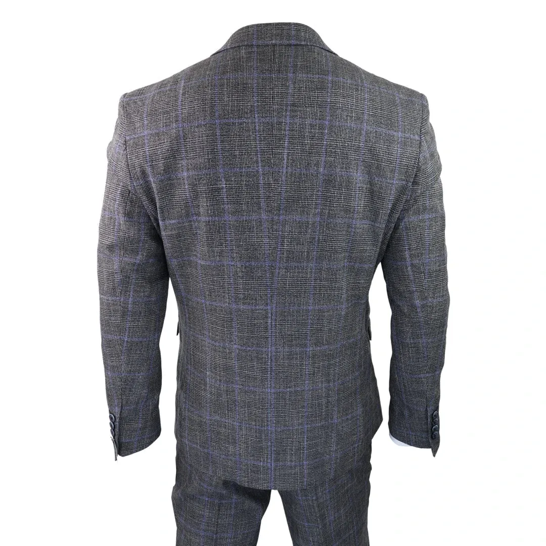 Power - Men's 3 Piece Suit Check Grey Blue Double Breasted Wedding