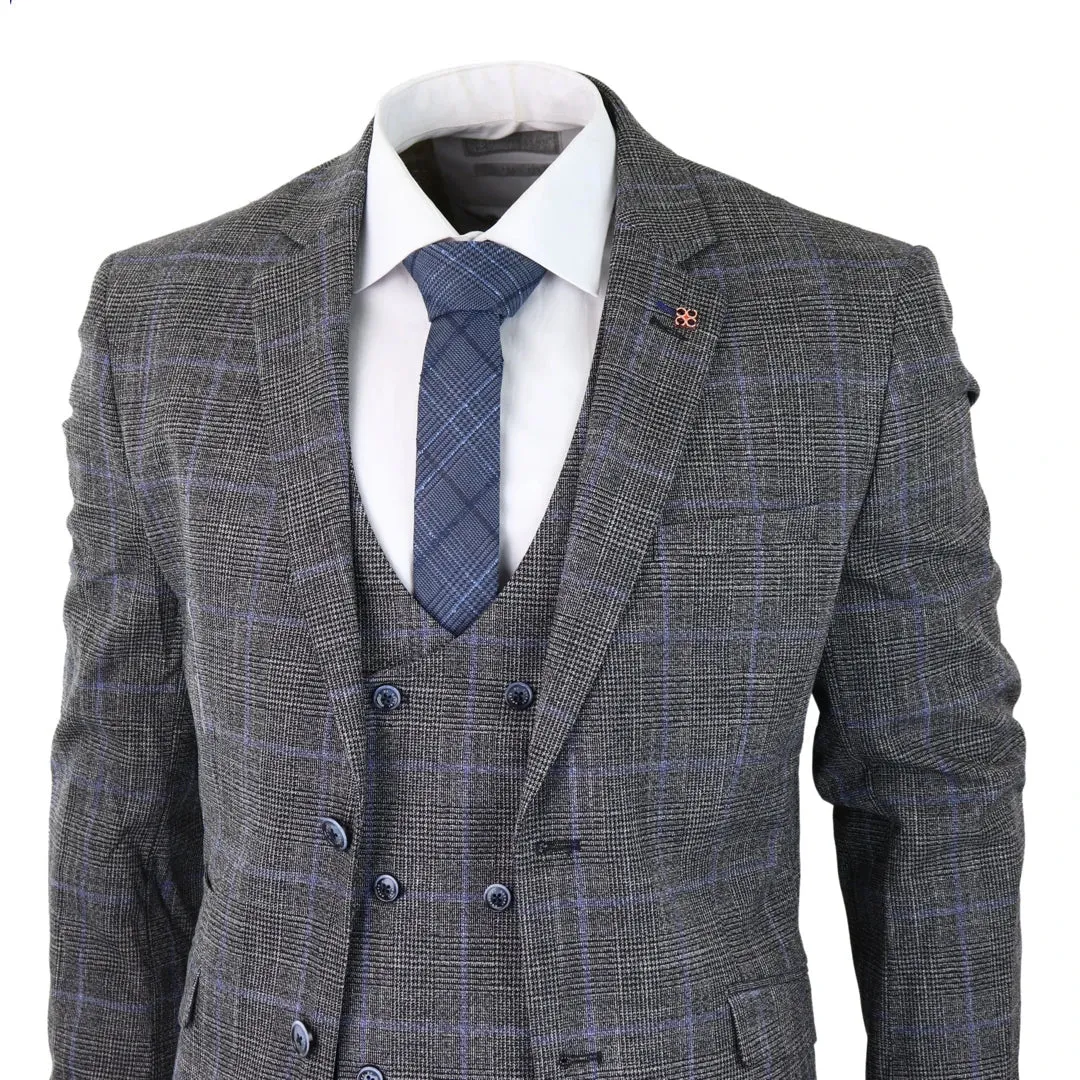 Power - Men's 3 Piece Suit Check Grey Blue Double Breasted Wedding