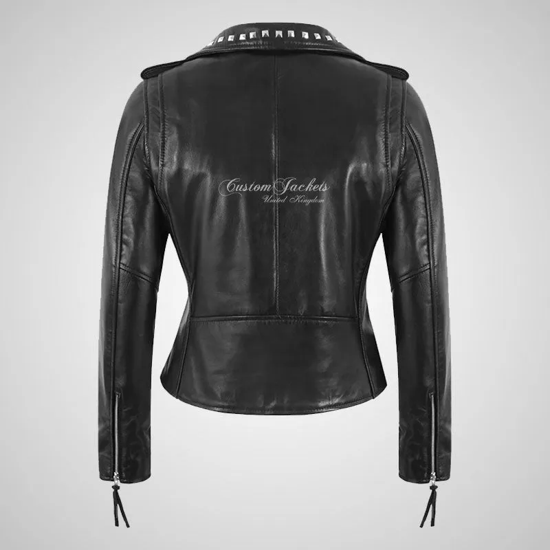 ROCKER Women Leather Studded Biker Jacket Black