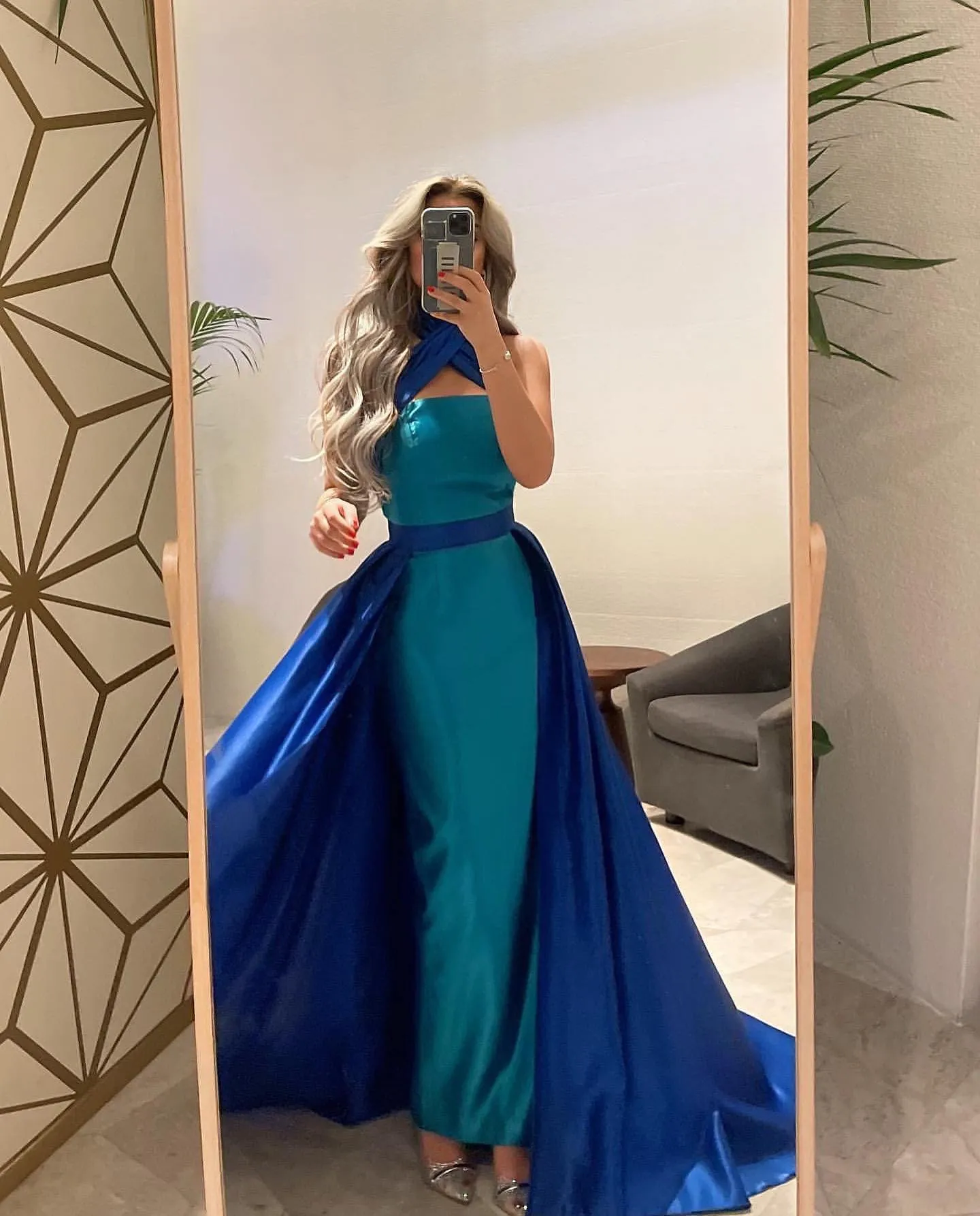 Royal Blue Criss Cross Halter Evening Dress with Overskirt SF012