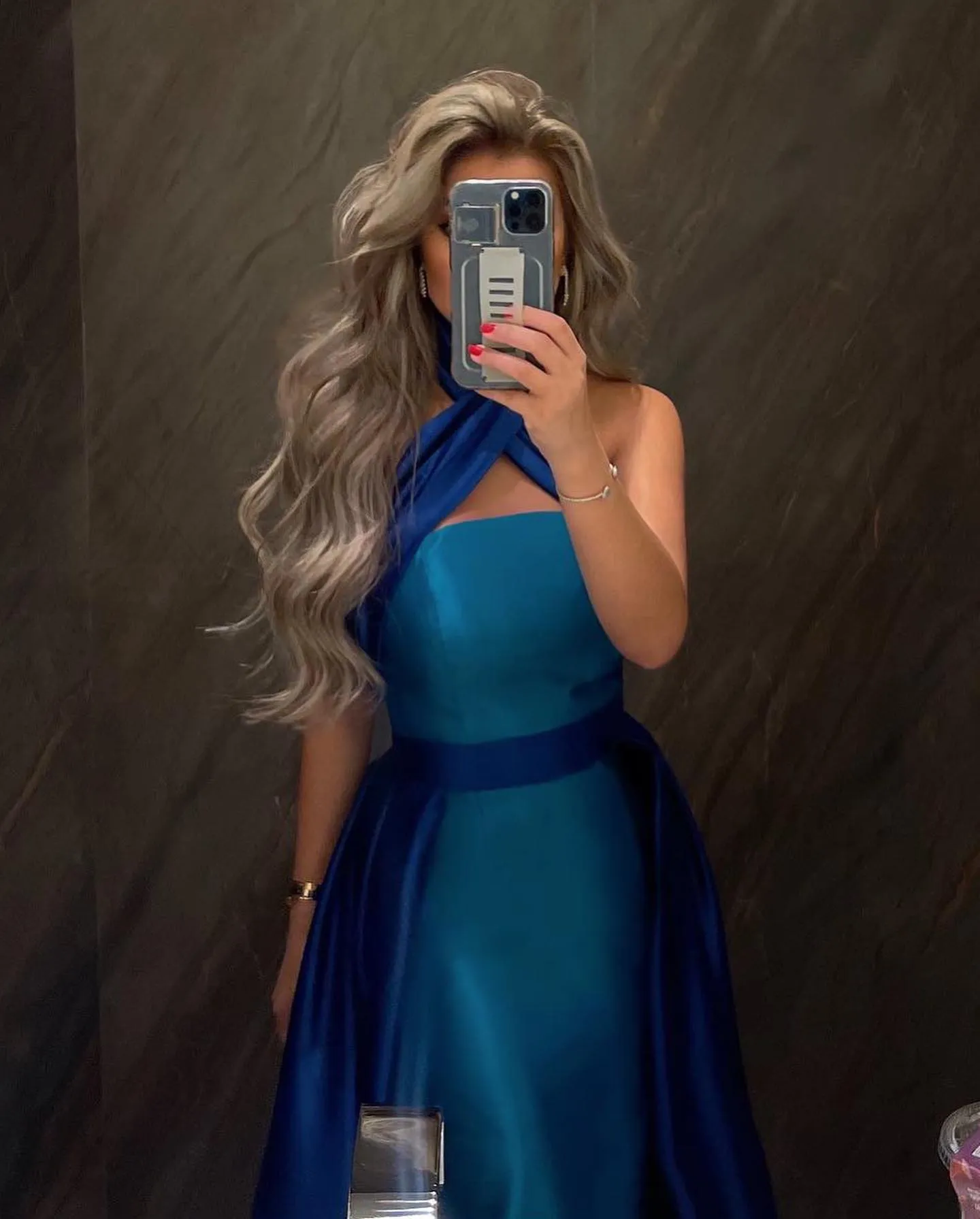 Royal Blue Criss Cross Halter Evening Dress with Overskirt SF012
