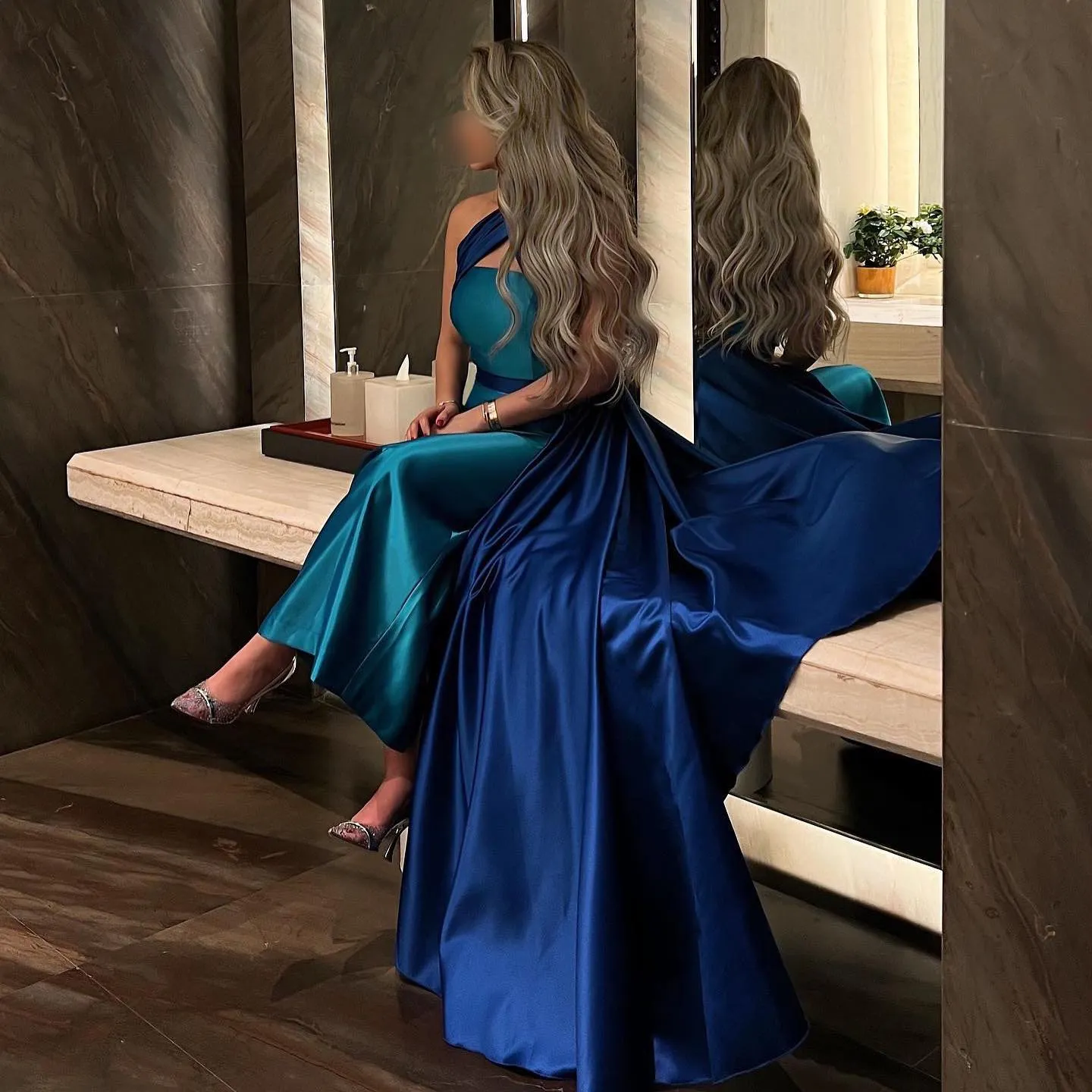 Royal Blue Criss Cross Halter Evening Dress with Overskirt SF012