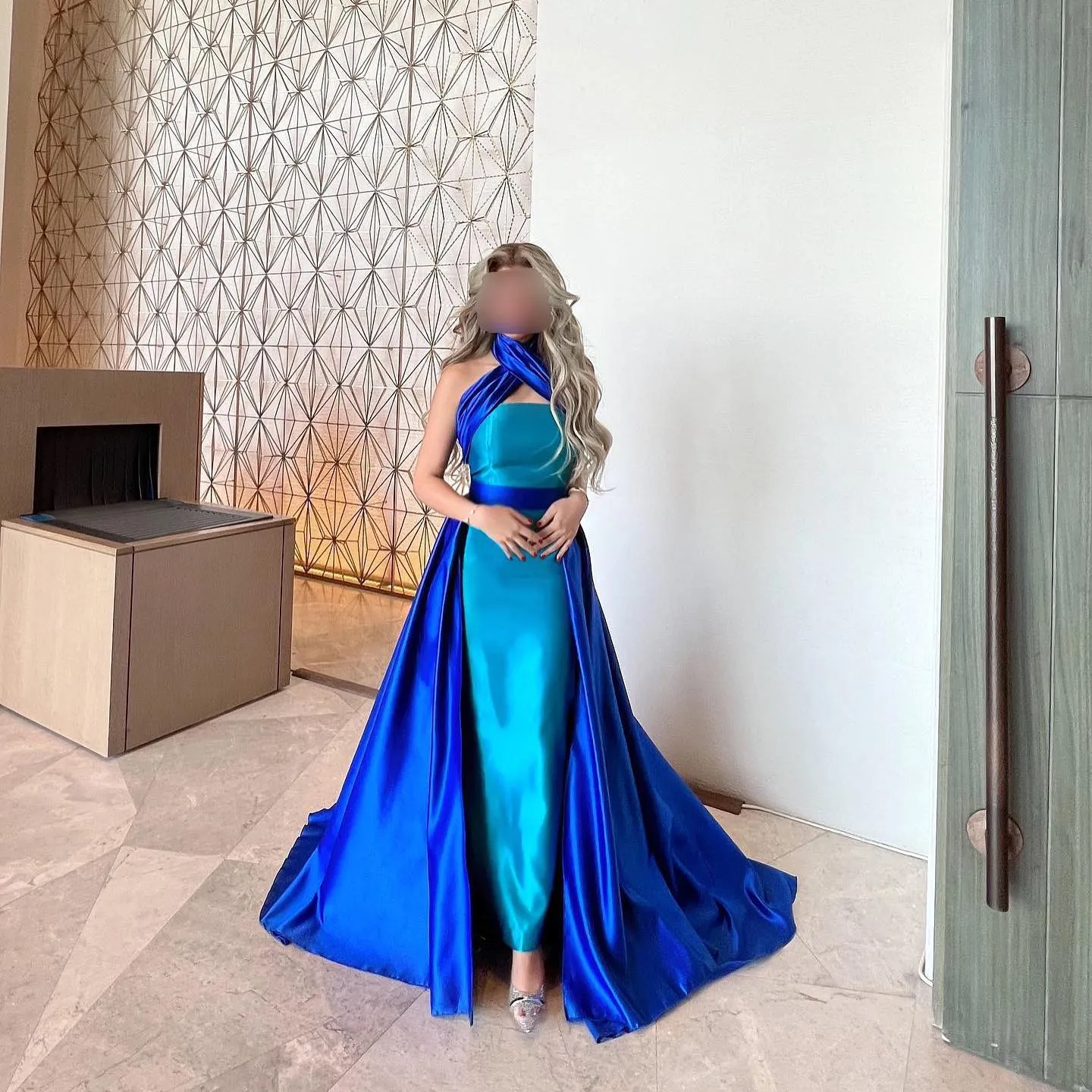 Royal Blue Criss Cross Halter Evening Dress with Overskirt SF012