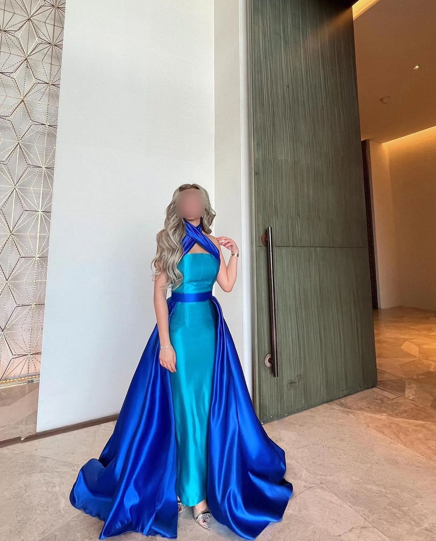Royal Blue Criss Cross Halter Evening Dress with Overskirt SF012