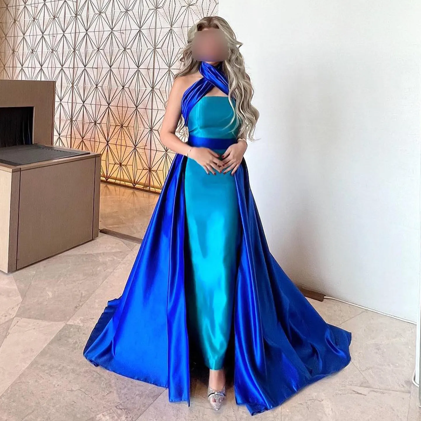 Royal Blue Criss Cross Halter Evening Dress with Overskirt SF012