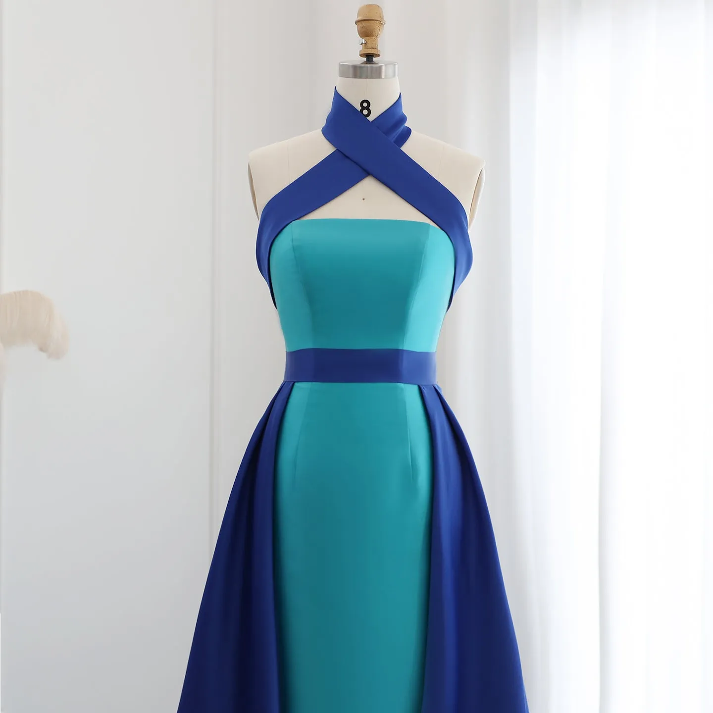 Royal Blue Criss Cross Halter Evening Dress with Overskirt SF012