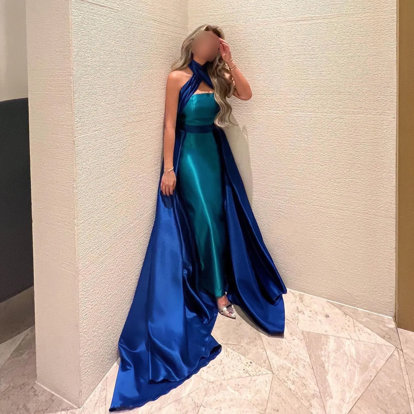 Royal Blue Criss Cross Halter Evening Dress with Overskirt SF012