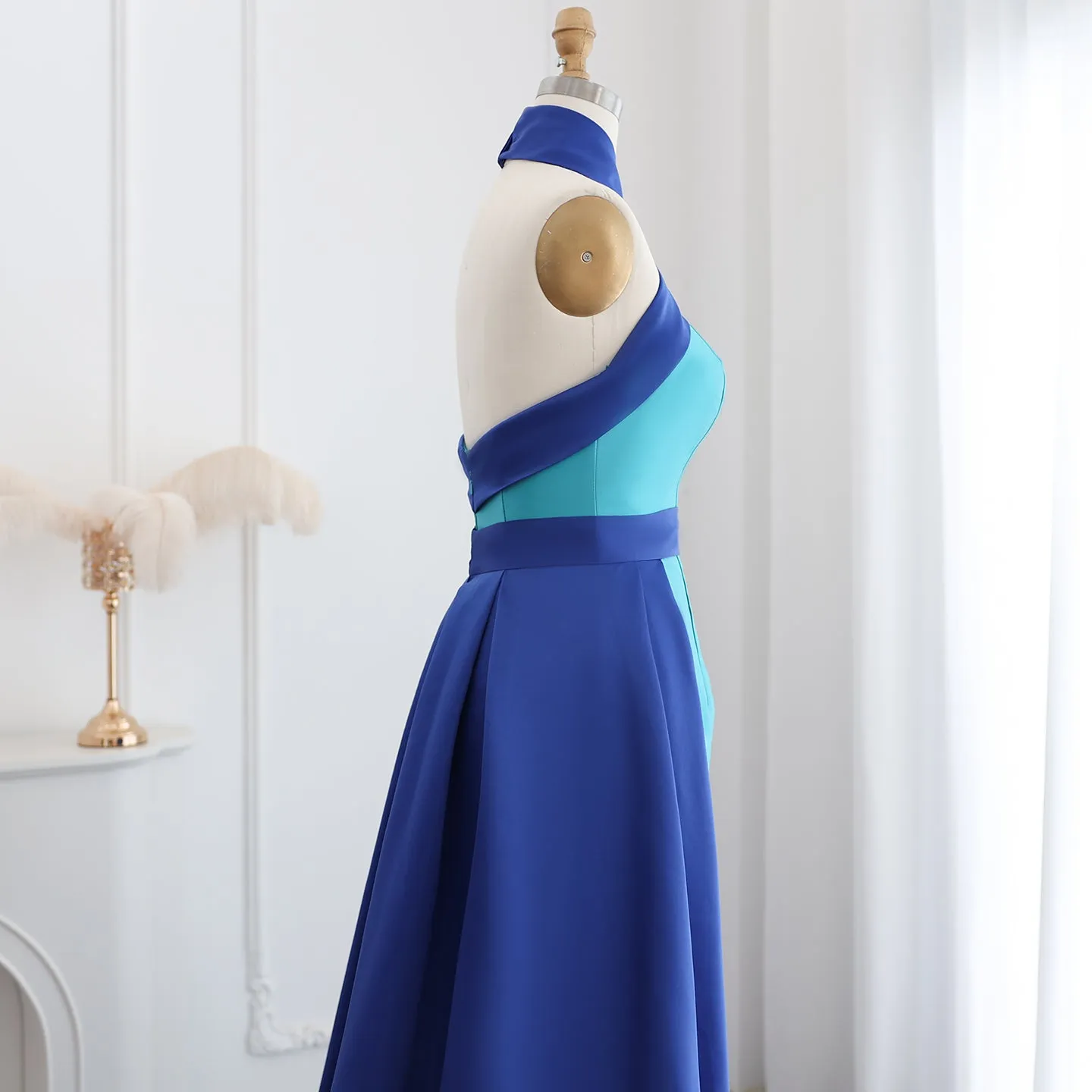 Royal Blue Criss Cross Halter Evening Dress with Overskirt SF012
