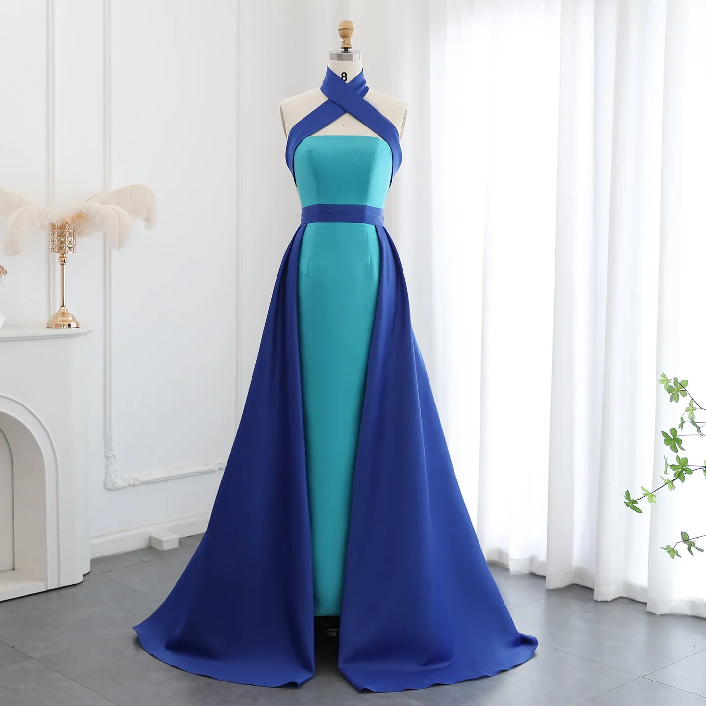 Royal Blue Criss Cross Halter Evening Dress with Overskirt SF012