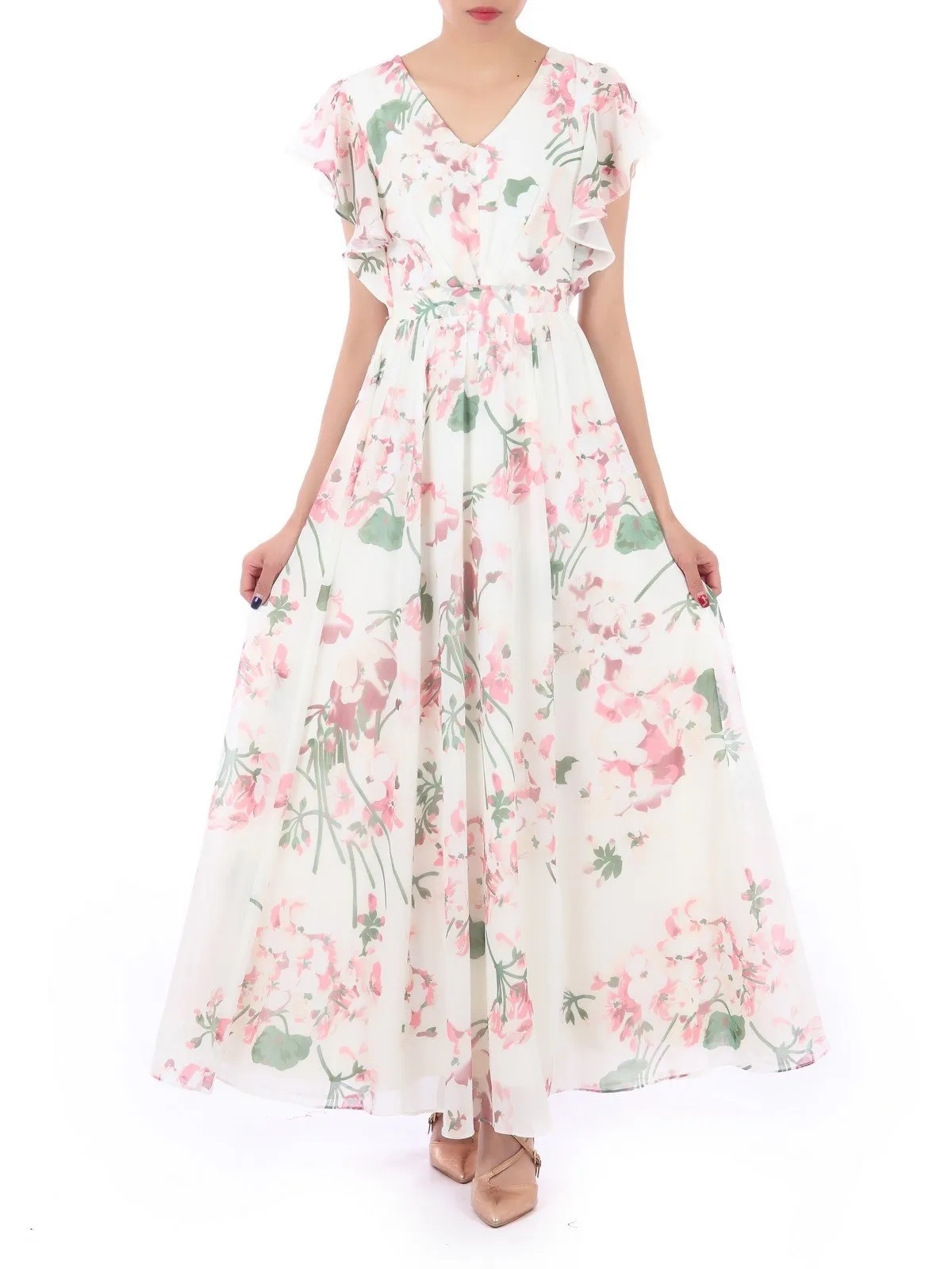 Ruffle Sleeved Chiffon Maxi Dress, Cream Floral