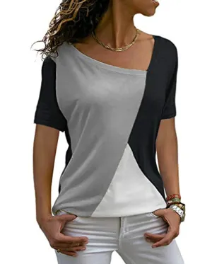 Sarin Mathews Womens Shirts Casual Tee Shirts Short Sleeve Patchwork Color Block Loose Fits Tunic Tops Blouses Grey Black 2XL
