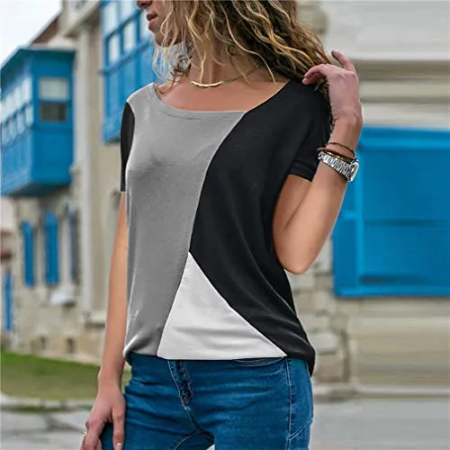 Sarin Mathews Womens Shirts Casual Tee Shirts Short Sleeve Patchwork Color Block Loose Fits Tunic Tops Blouses Grey Black 2XL