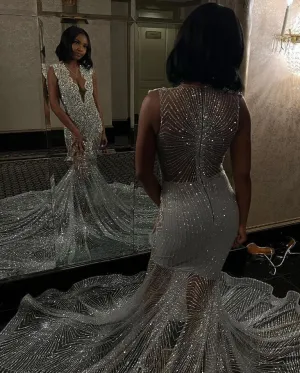 Silver Diamond Sparkly Prom Reception Dresses Luxury Crystal See Through Evening Birthday Gown