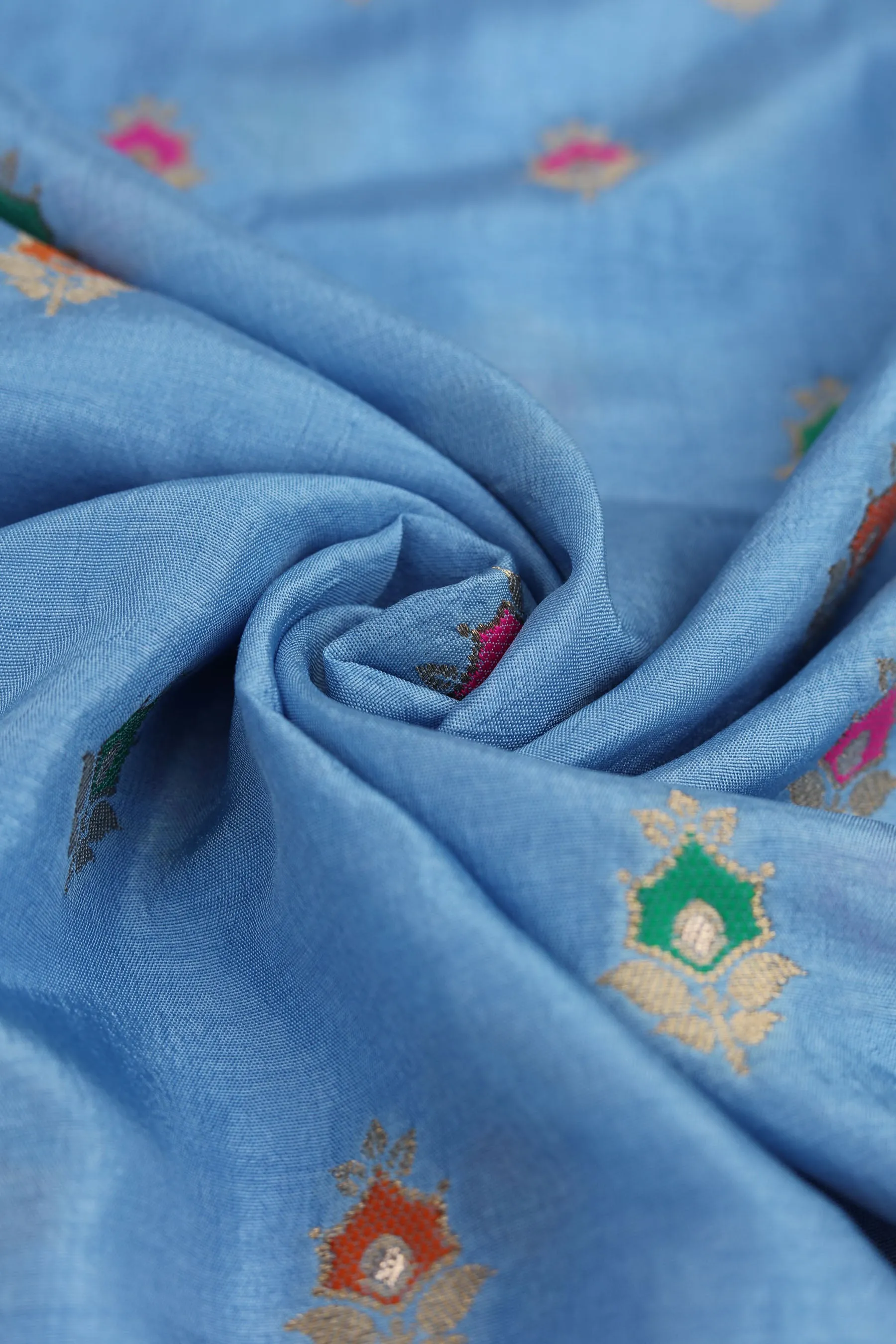 Sky Blue Pure Two Tone Banarasi Gold Zari with Meena work Ornate Butta Jacquard Fabric