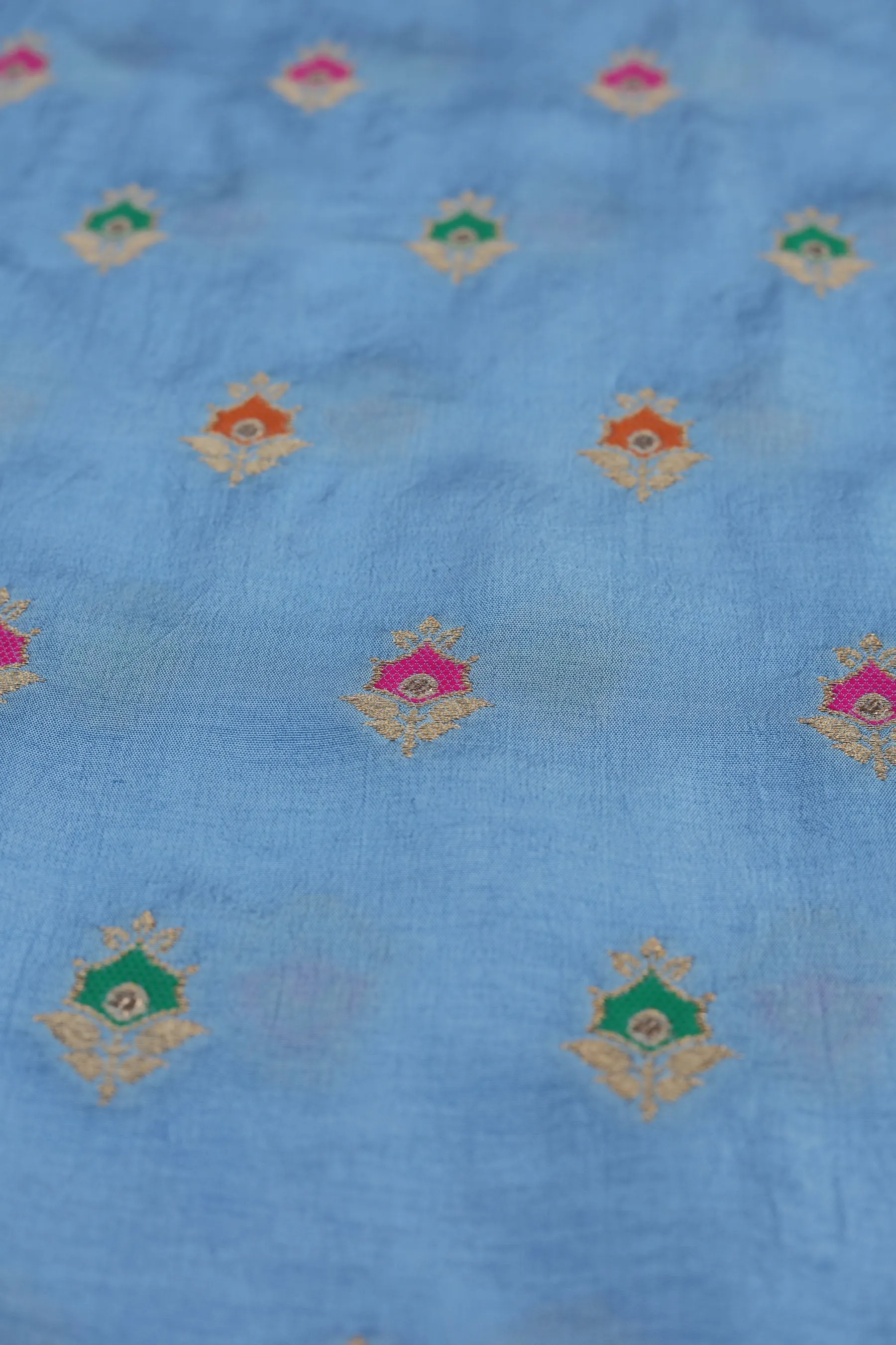 Sky Blue Pure Two Tone Banarasi Gold Zari with Meena work Ornate Butta Jacquard Fabric