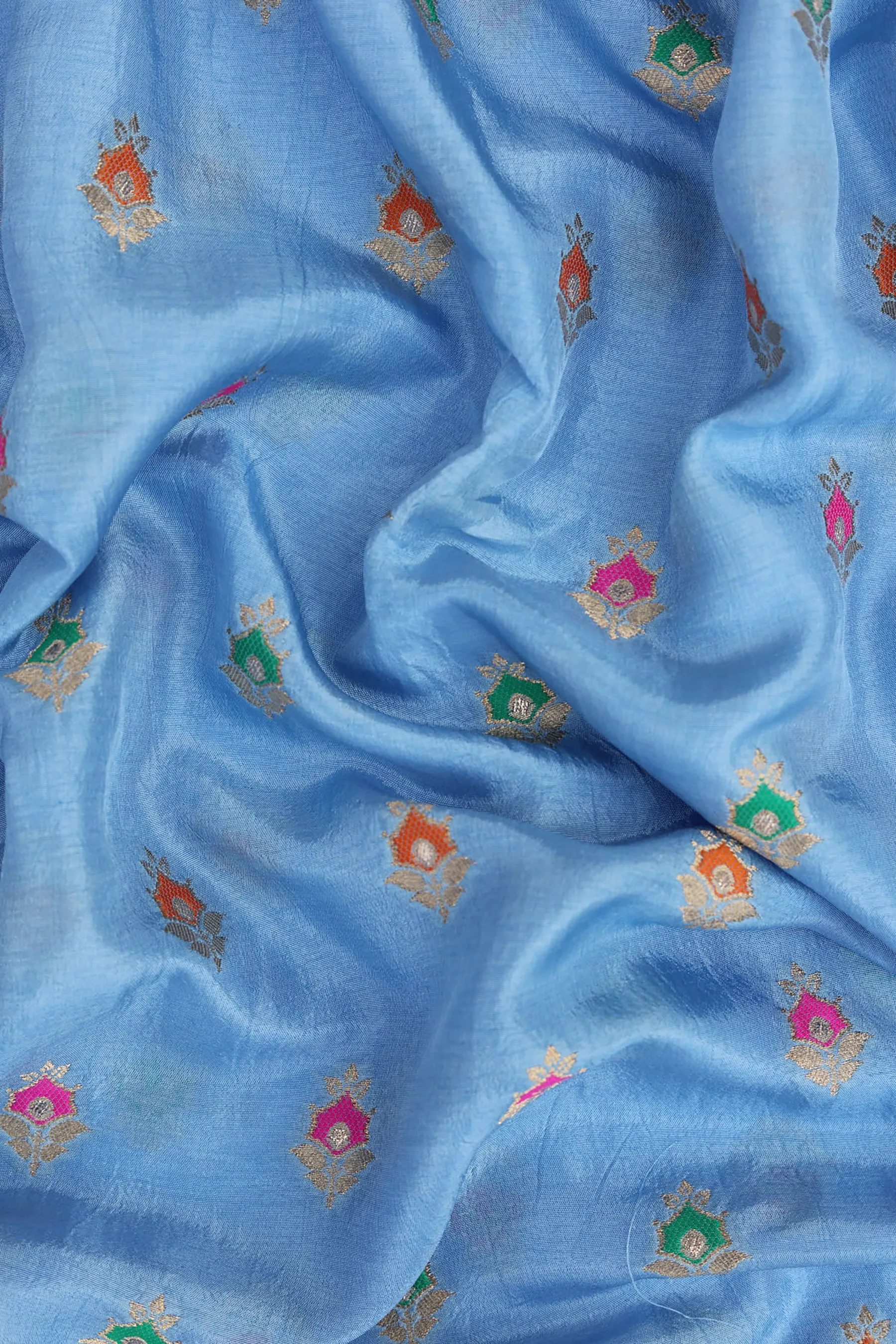 Sky Blue Pure Two Tone Banarasi Gold Zari with Meena work Ornate Butta Jacquard Fabric