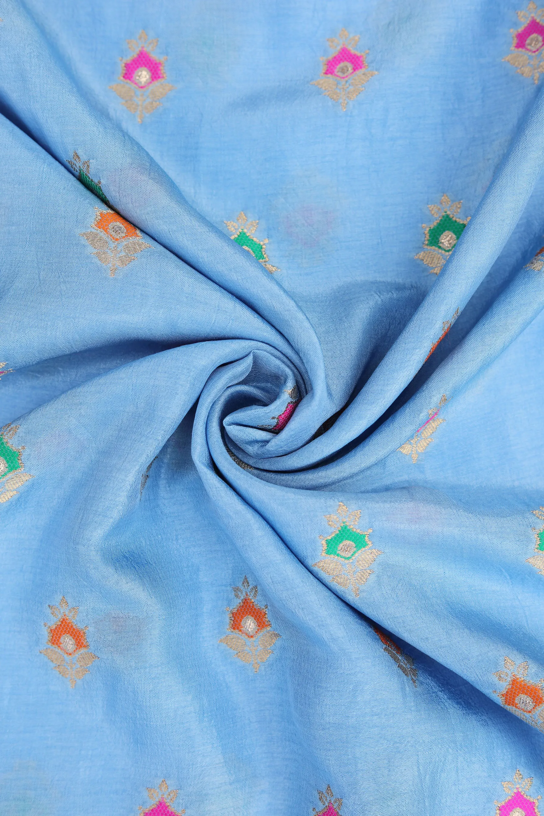 Sky Blue Pure Two Tone Banarasi Gold Zari with Meena work Ornate Butta Jacquard Fabric