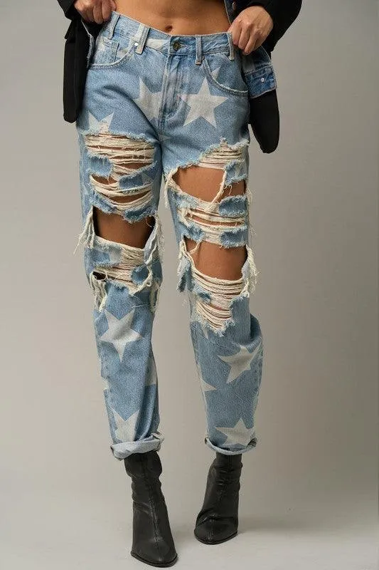 Slouchy Heavy Distressed Star Denim
