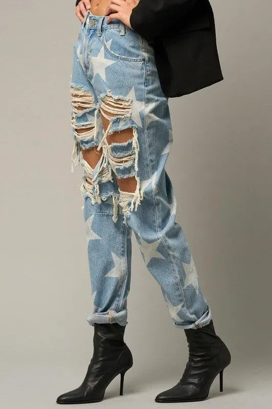 Slouchy Heavy Distressed Star Denim