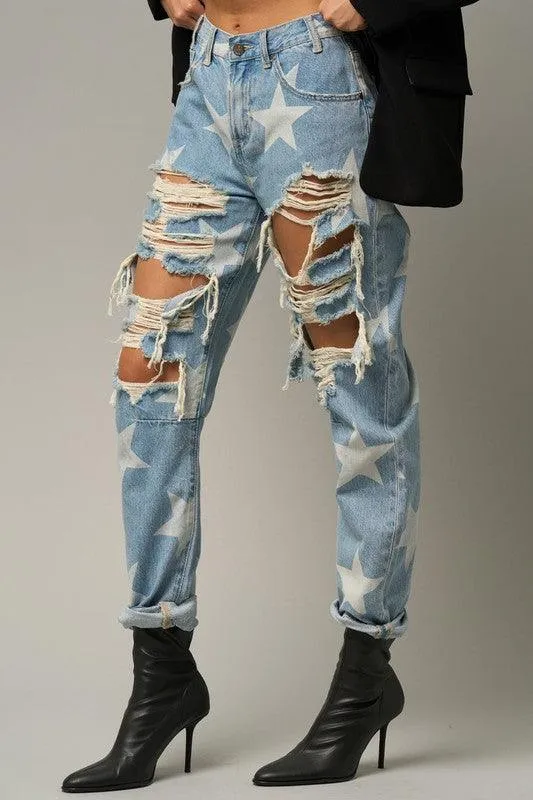 Slouchy Heavy Distressed Star Denim