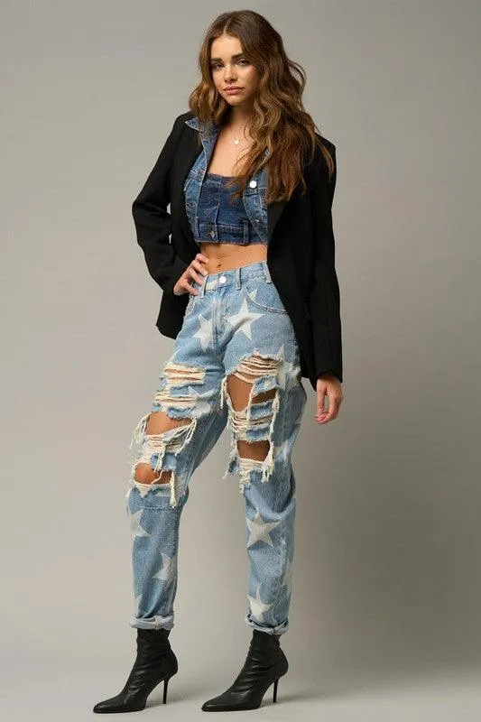 Slouchy Heavy Distressed Star Denim