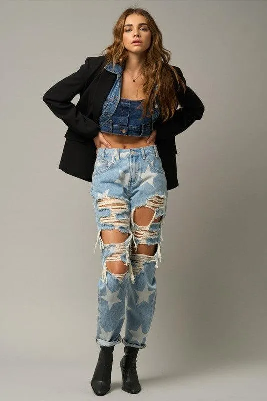 Slouchy Heavy Distressed Star Denim