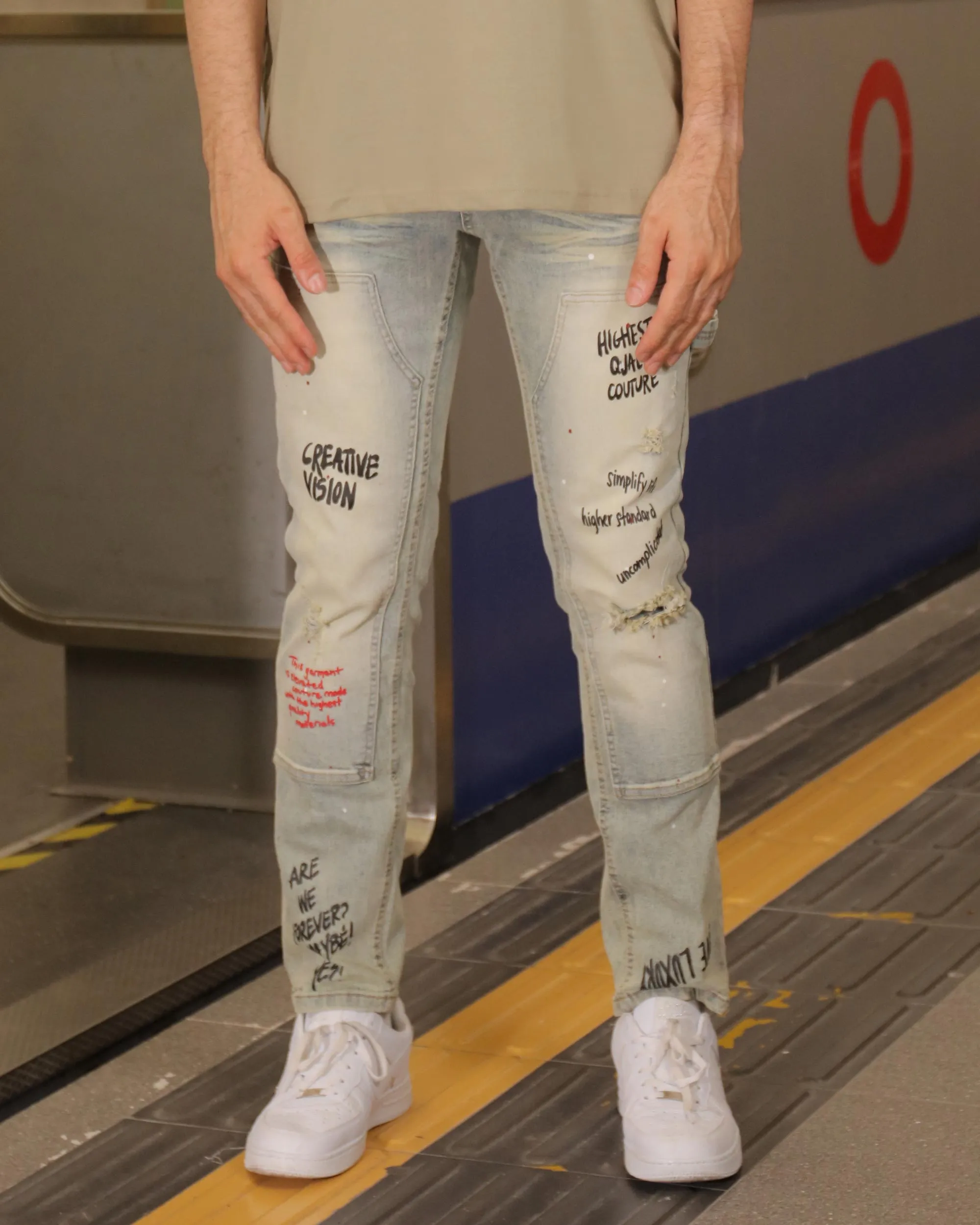 Spray Paint Graffiti Distressed Blue ripped Jeans-Mexico Local Delivery