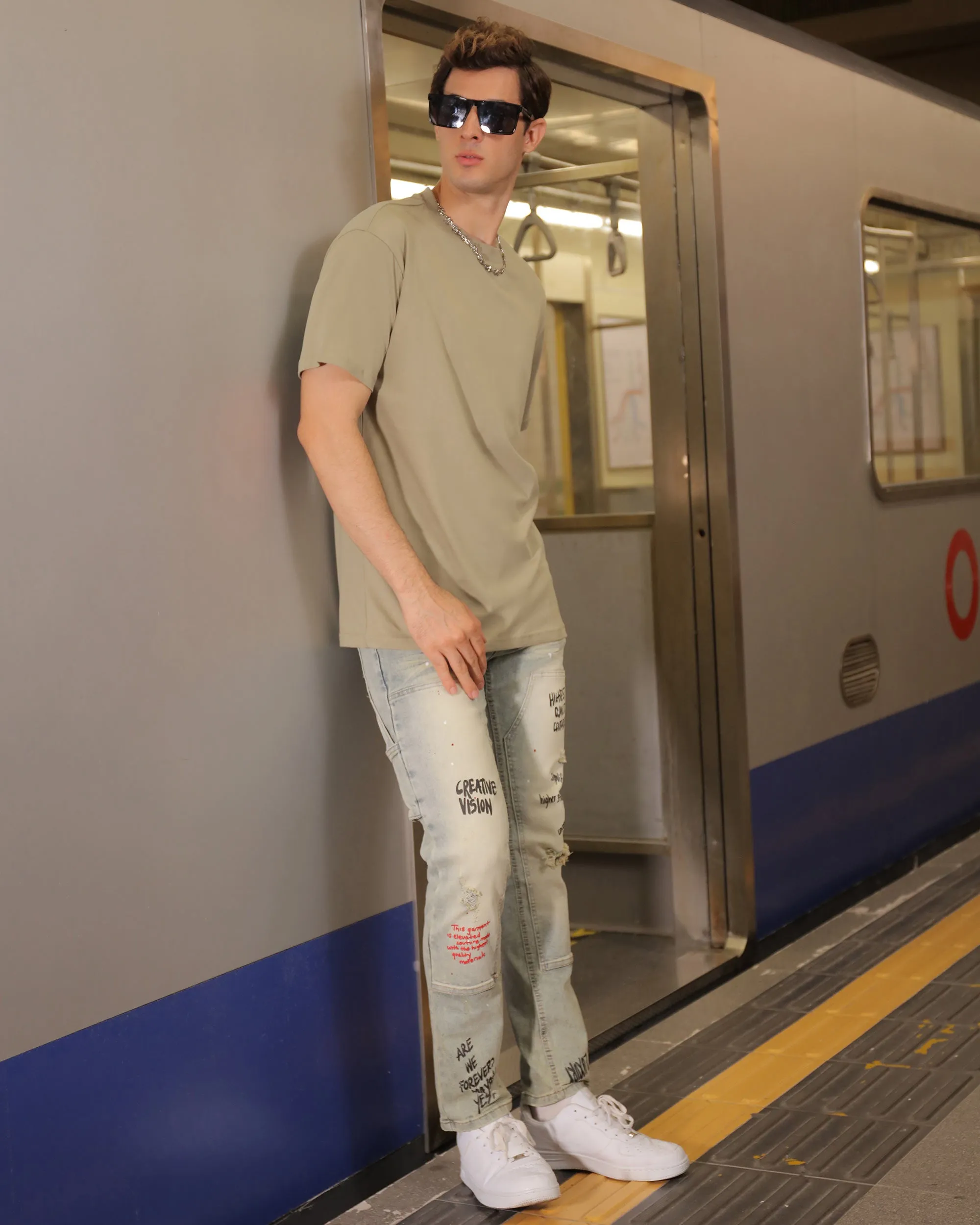 Spray Paint Graffiti Distressed Blue ripped Jeans-Mexico Local Delivery