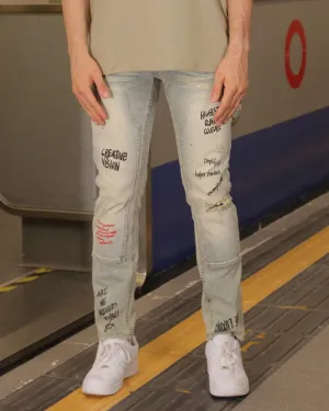 Spray Paint Graffiti Distressed Blue ripped Jeans-Mexico Local Delivery